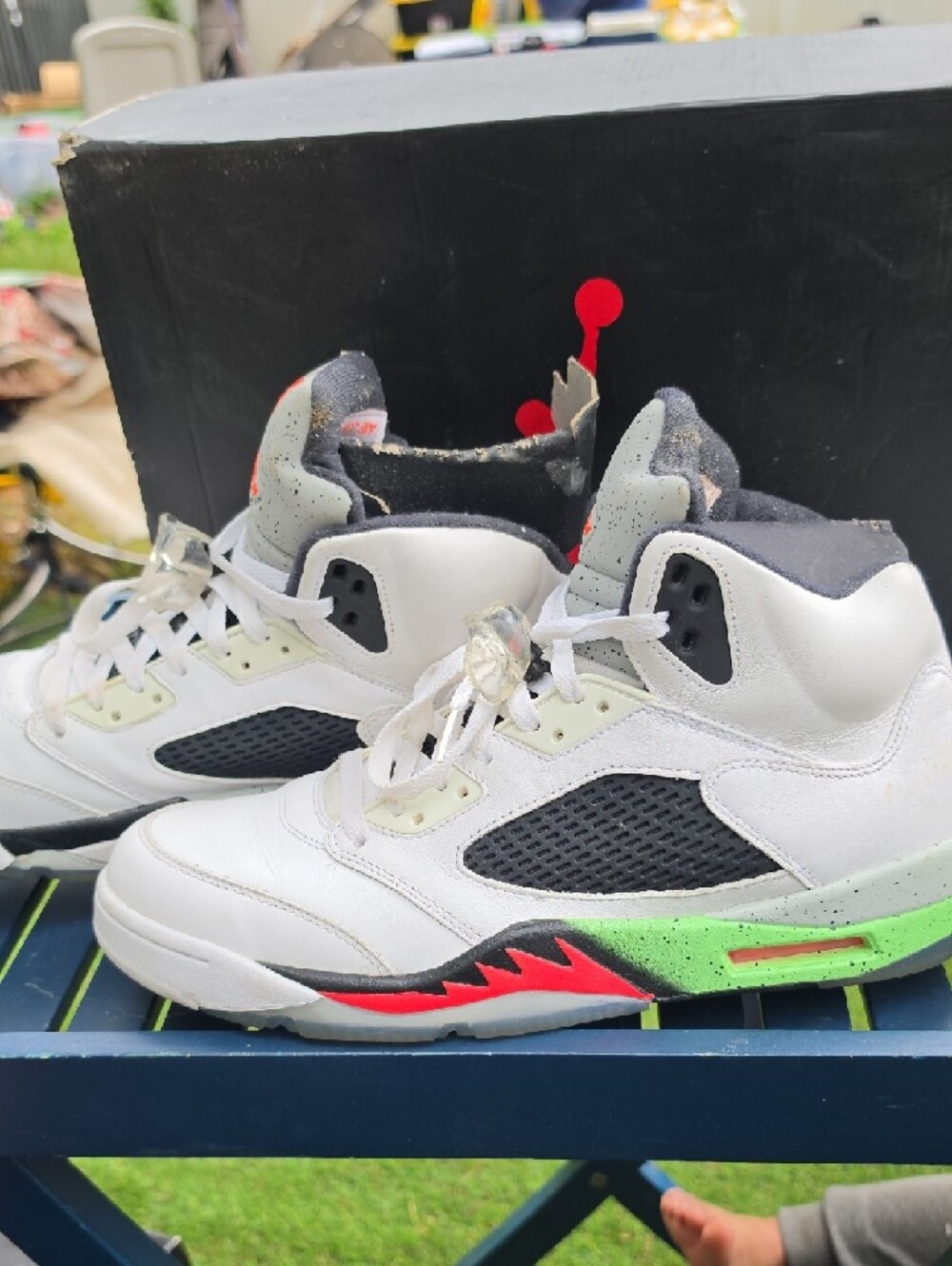 Jordan Retro 4 White and Gray Athletic Sneakers with Orange Jumpman - Picture 3 of 5